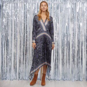 H&M Collection Unique Dark Blue Paisley Dress with Pleated Skirt Scarf Hem Sz 14